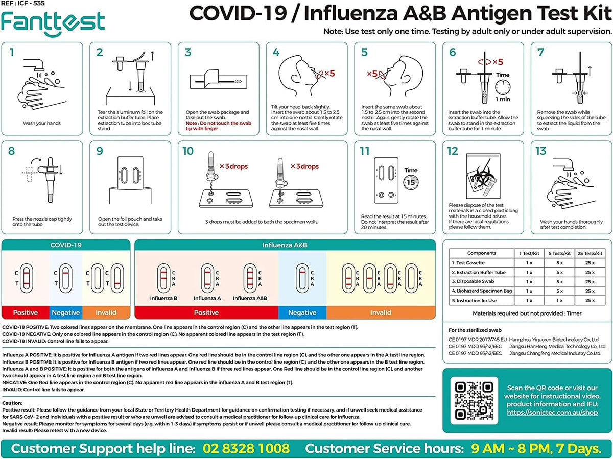 Fanttest 3-in-1 Combo Test 5 PACK, Influenza Flu A/B and COVID-19 Rapid Antigen Test Kit - Nasal Swab