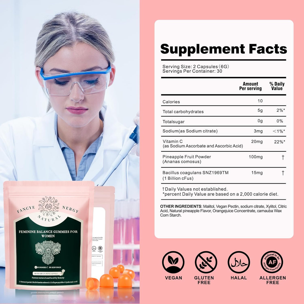 Premium Feminine Balance Gummies for Women - Hawaiian Pineapple Gummies for Women ph, Support Probiotic - Immune Health - Gluten-Free with Vegetarian Friendly - Vitamin C - 60 Count