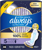 Always Ultra Thin Overnight Pads, Size 5, Extra Heavy Overnight, Unscented, 92 Count (2 Packs of 46)