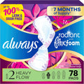 Always Radiant Feminine Pads for Women, Flexfoam Pads with Wings, Size 2, Heavy Absorbency, Lightly Scented, 78 Count (3 Packs of 26)