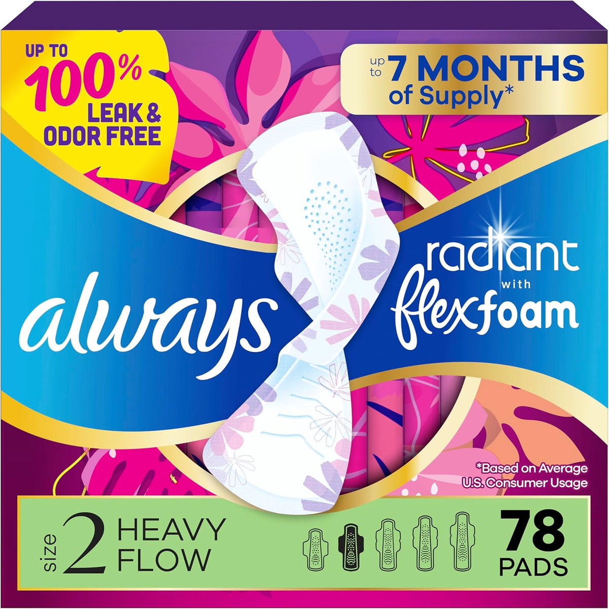 Always Radiant Feminine Pads for Women, Flexfoam Pads with Wings, Size 2, Heavy Absorbency, Lightly Scented, 78 Count (3 Packs of 26)