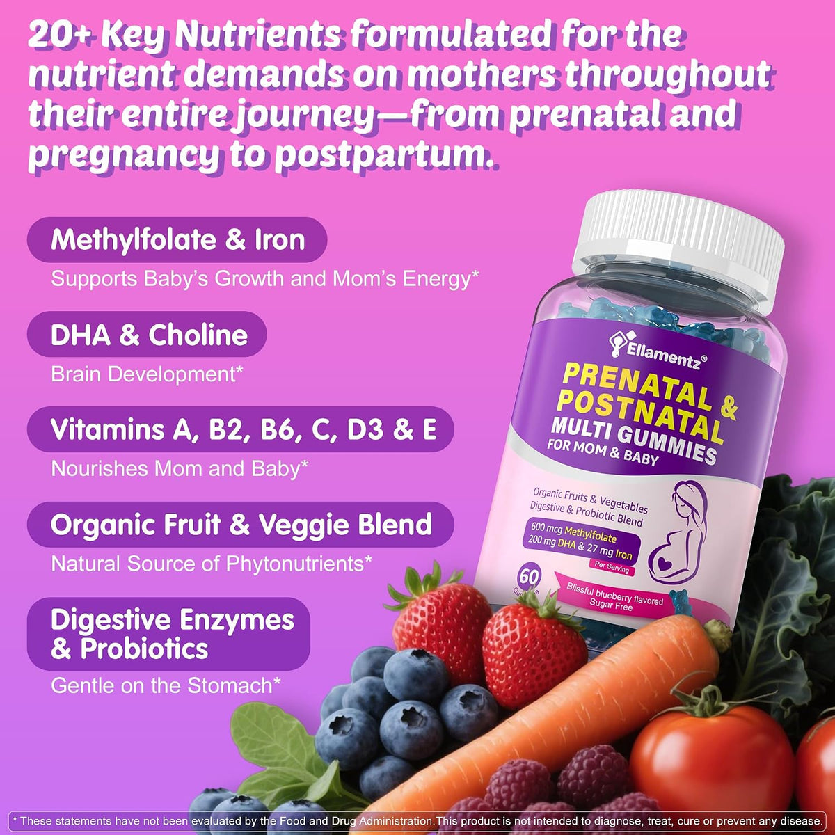 Prenatal Vitamins for Women Gummies + Methylfolate, DHA & Iron, Vegan,120Ct | w/ Omega-3, Organic Food Blend, Choline, Vitamin D3 B6 B12 - Multivitamin for Women Before, During & Post Pregnancy, 0g Sugar