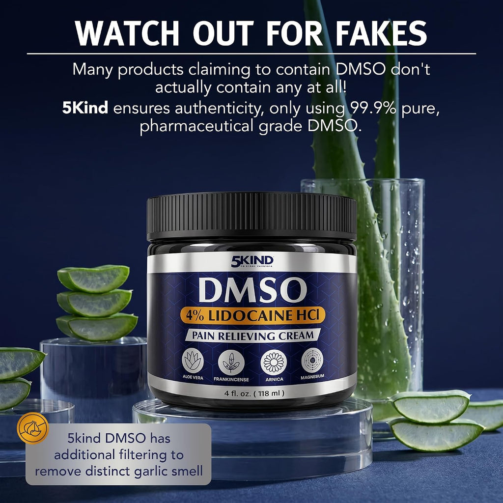 5Kind DMSO Cream with Lidocaine for Pain Relief 4 fl oz - 99.9% Pure DMSO Pharmaceutical Grade Cream - Lidocaine Cream with Aloe Vera, Magnesium, Arnica & Menthol - Registered NDC - Made in USA
