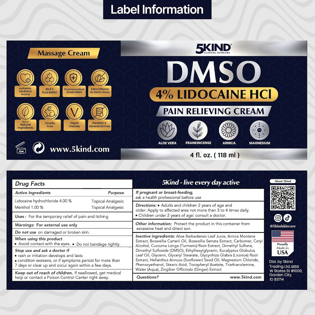 5Kind DMSO Cream with Lidocaine for Pain Relief 4 fl oz - 99.9% Pure DMSO Pharmaceutical Grade Cream - Lidocaine Cream with Aloe Vera, Magnesium, Arnica & Menthol - Registered NDC - Made in USA