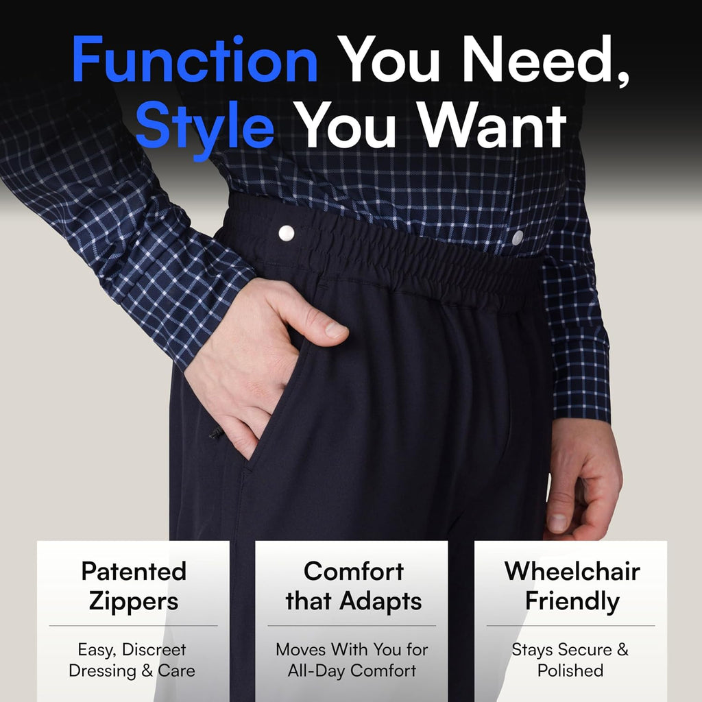 Joe & Bella CareZips® Adaptive Pants for Men - Elastic Waist Easy-Access Side & Inseam Zipper - Alternative to Tear Away