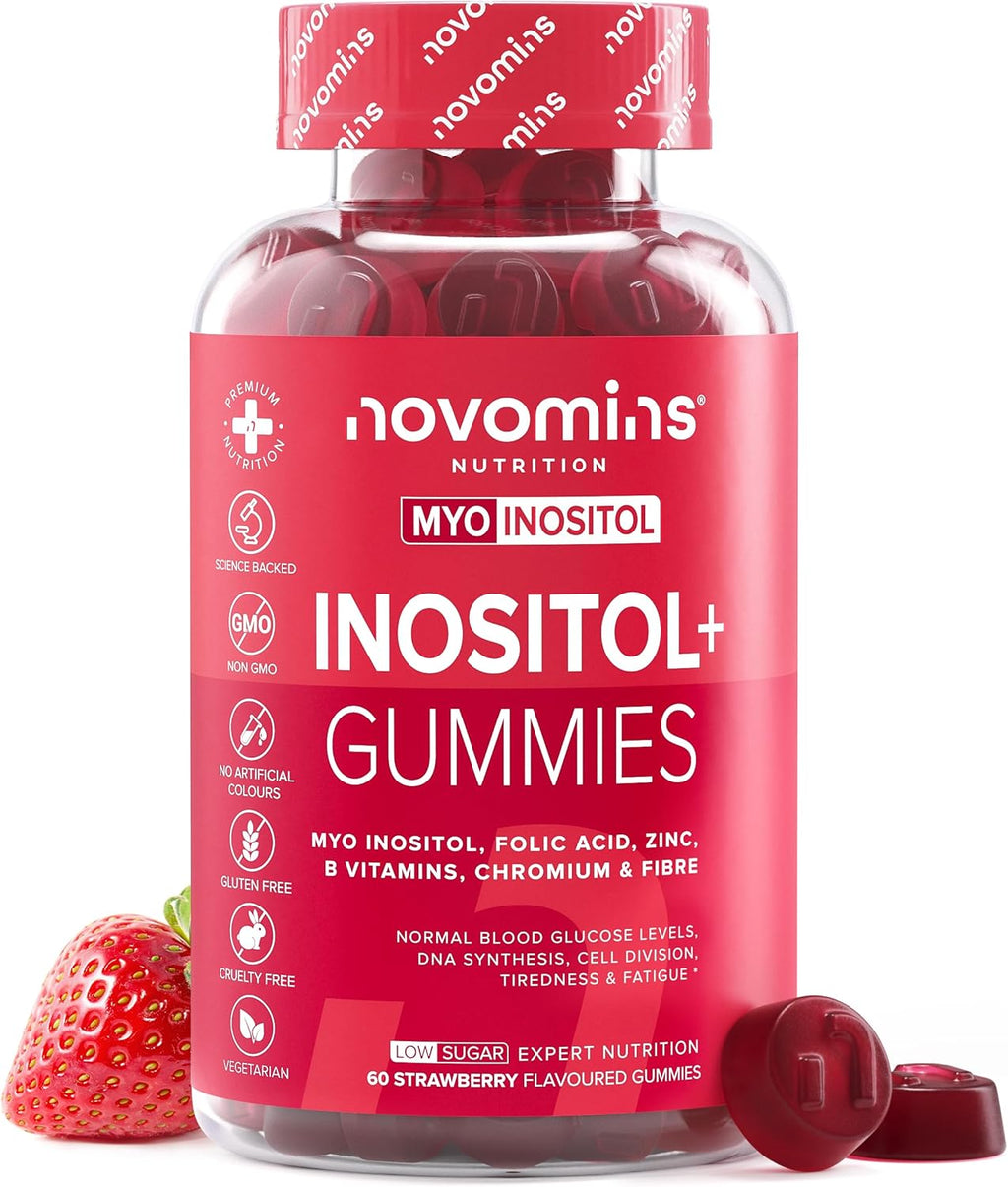 Inositol Myo and D-Chiro Gummies 40:1 - with Inositol, Folic Acid, Chromium, Zinc, Vitamins B6 and D3, and Fiber - Supplement for Female Hormone Balance - Vegan - 60 PCOS Gummies - Novomins