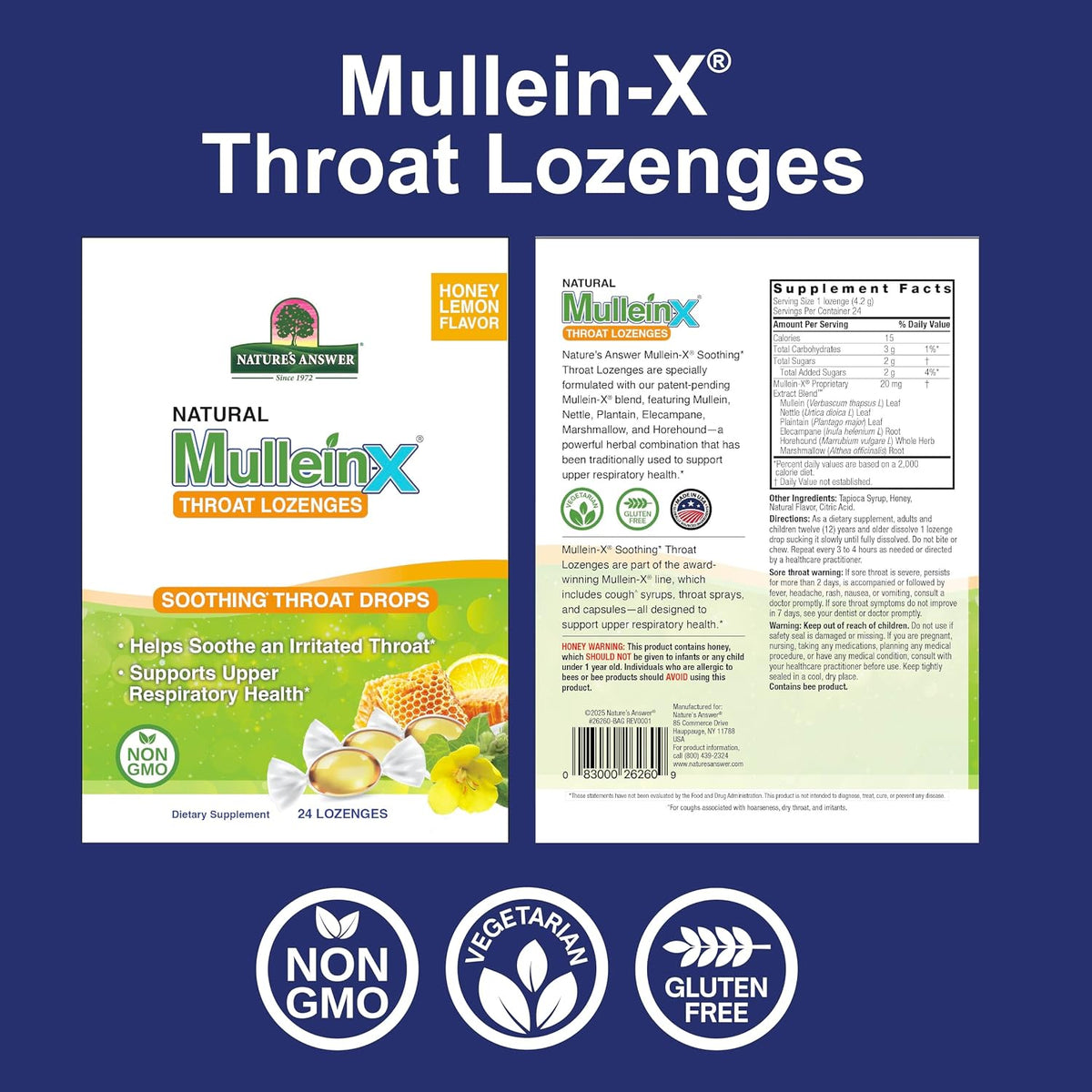 Nature's Answer Mullein-X Respiratory Soothing Throat Lozenges 24-Count - Alcohol-Free Herbal Cough Support with Mullein, Marshmallow, English Ivy & Honey - Non-GMO, Gluten-Free