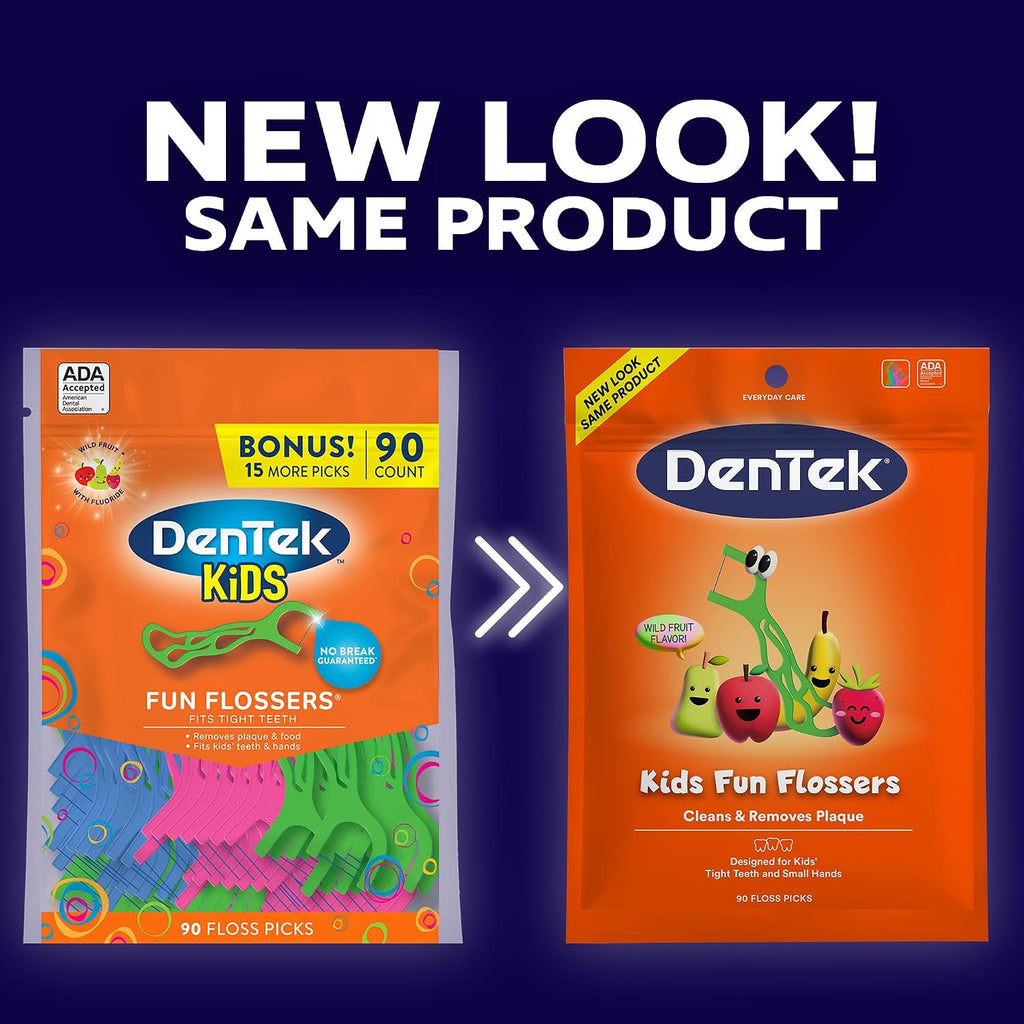 Dentek Floss Picks, Kids Flossers, Wild Fruit Flavor, 90 Count | Remove Food & Plaque, Designed for Kids', For Tight Teeth & Small Hands, Fun Flossers, Kid-Friendly Dental Floss