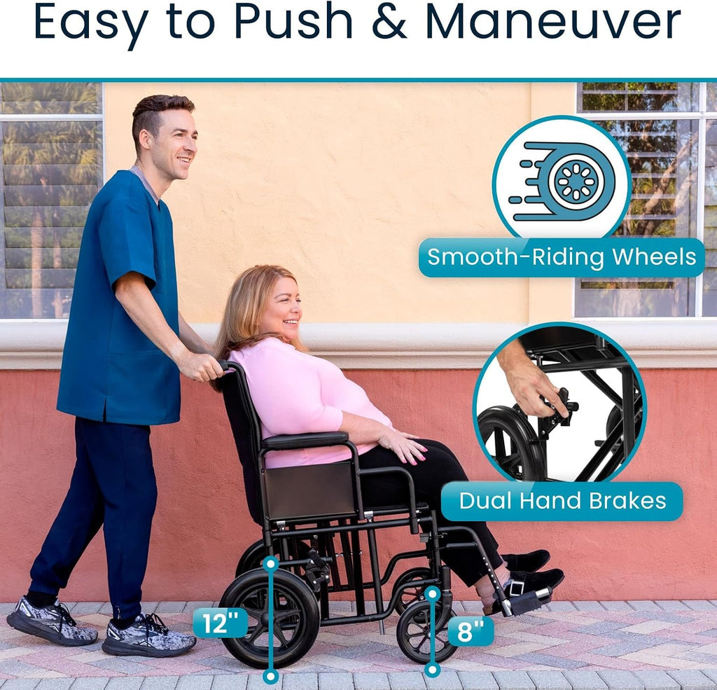Vive Mobility Bariatric Transport Wheelchair for Adults - Supports 450lbs | Foldable, Heavy Duty Travel Wheel Chair - Portable, Transfer Aid with Swing Away Footrests & 22 Inch Wide Seat