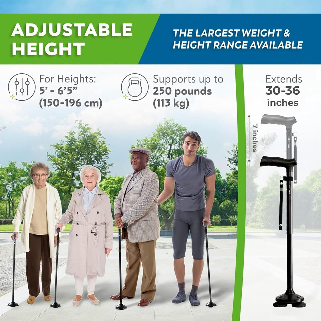 HONEYBULL Walking Cane for Men & Women, Foldable Free Standing Cane | Adjustable height, collapsible design, heavy-duty, pivot base for stable support, ergonomic handle