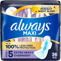 Always Maxi Overnight Pads with Wings for Women, Size 5, Extra Heavy Overnight Absorbency, Unscented, 36 Count