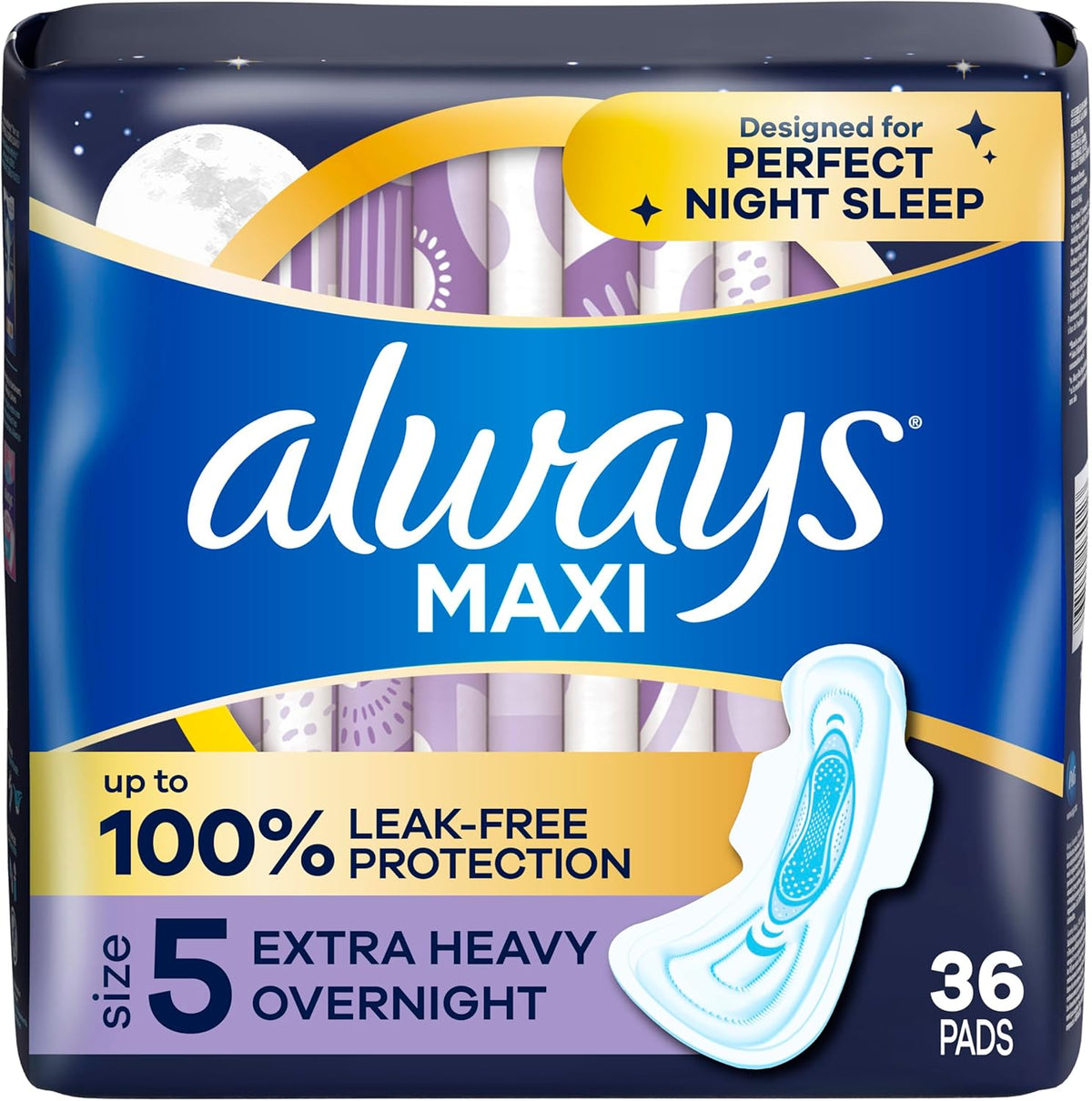 Always Maxi Overnight Pads with Wings for Women, Size 5, Extra Heavy Overnight Absorbency, Unscented, 36 Count