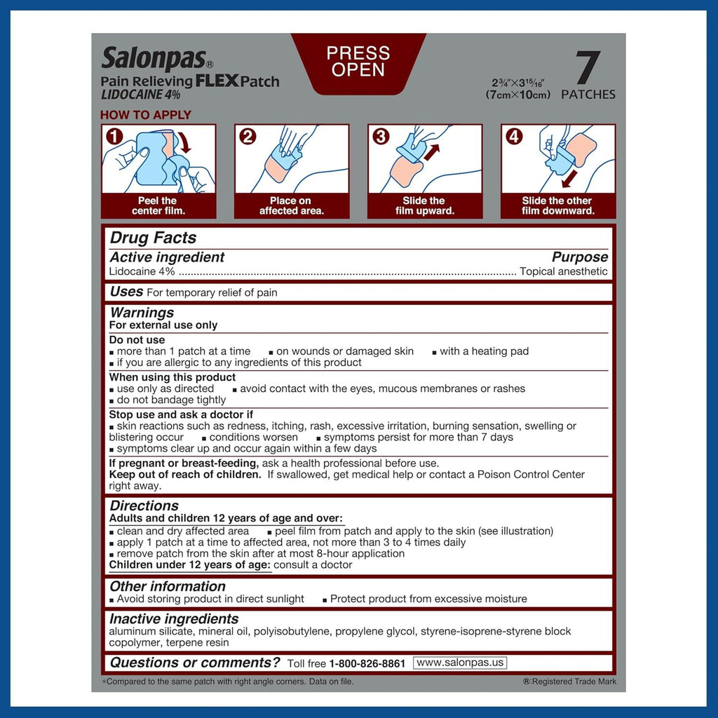 Salonpas Pain Relieving Flex Patch Lidocaine 4%, 7 Count (Pack of 1) | Maximum OTC Strength Lidocaine 4%, Apply for Up To 8 Hours, Temporary Relief of Pain, Patch Contours To Your Body