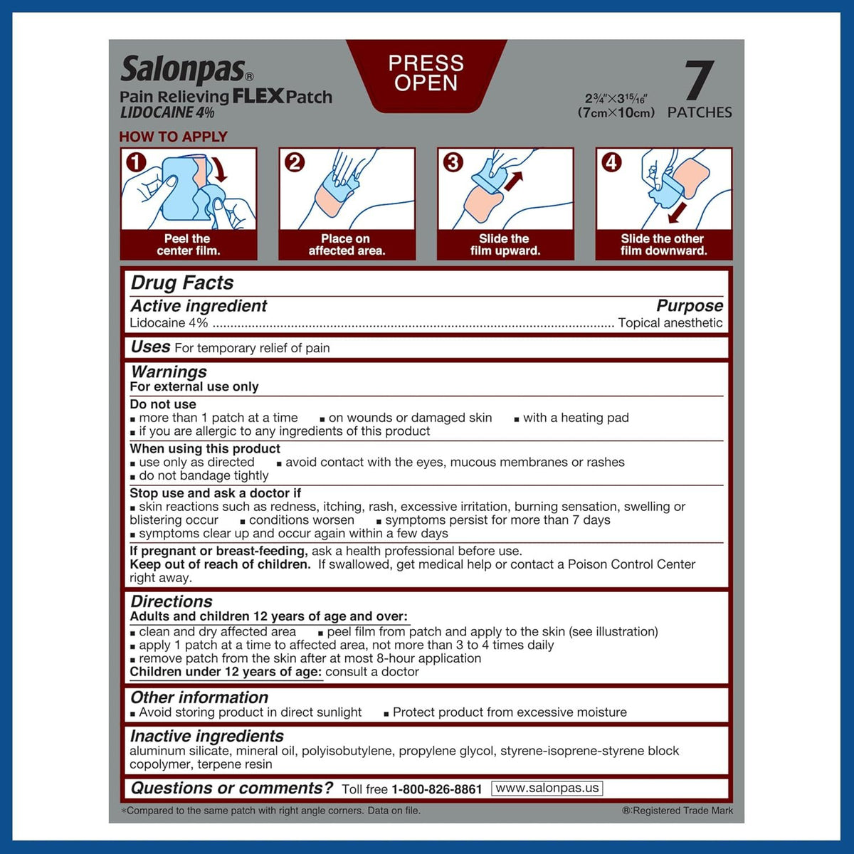 Salonpas Pain Relieving Flex Patch Lidocaine 4%, 7 Count (Pack of 1) | Maximum OTC Strength Lidocaine 4%, Apply for Up To 8 Hours, Temporary Relief of Pain, Patch Contours To Your Body