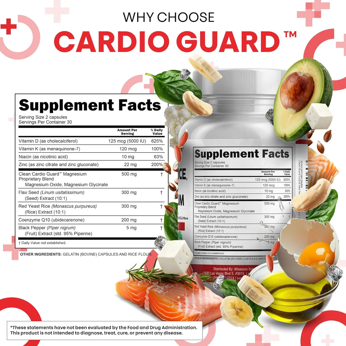 Clean Nutraceuticals COQ10 200mg Red Yeast Rice Omega 3 Magnesium Complex 500mg Niacin Zinc Vitamin K2 D3 - Heart Support Vitamins for Women & Men w/Vitamin B3, Coenzyme Q10-60 Ct