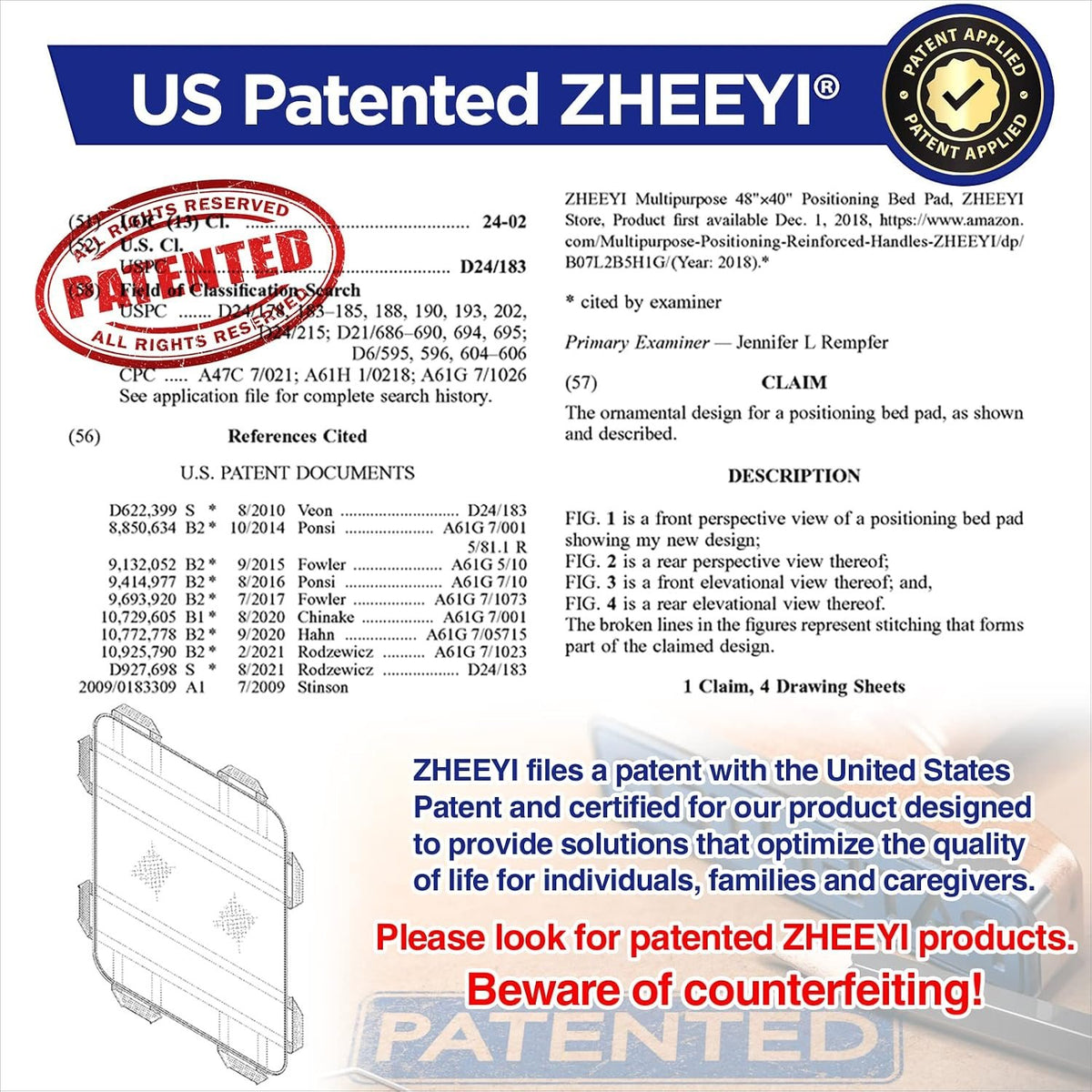 Multipurpose 48" x 40" Positioning Bed Pad with Reinforced Handles - Reusable & Washable Transfer Sheet for Turning, Lifting & Repositioning - Double-Sided Nylon Fabric, Blue