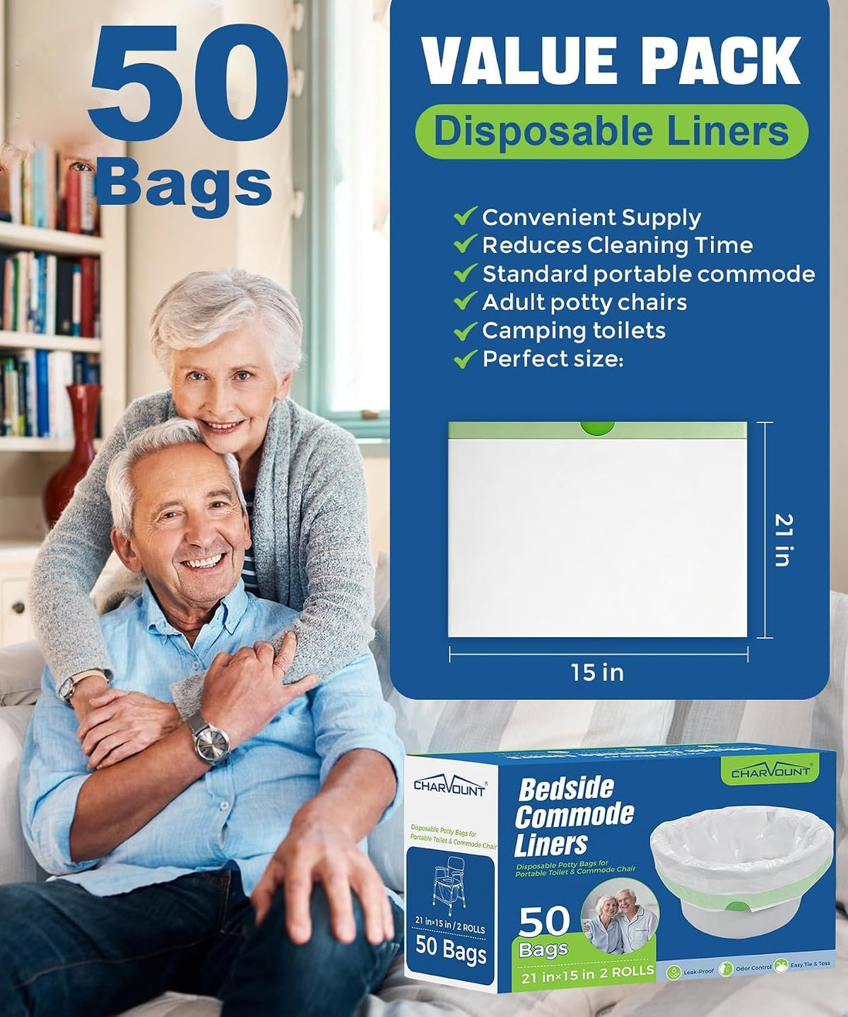 Charmount Bedside Commode Liners, Disposable Commode Bags with Drawstring, Leakproof Universal Fit Portable Toilet Chair Bucket & Bedpan Liners for Home & Camping Use-50 Pack