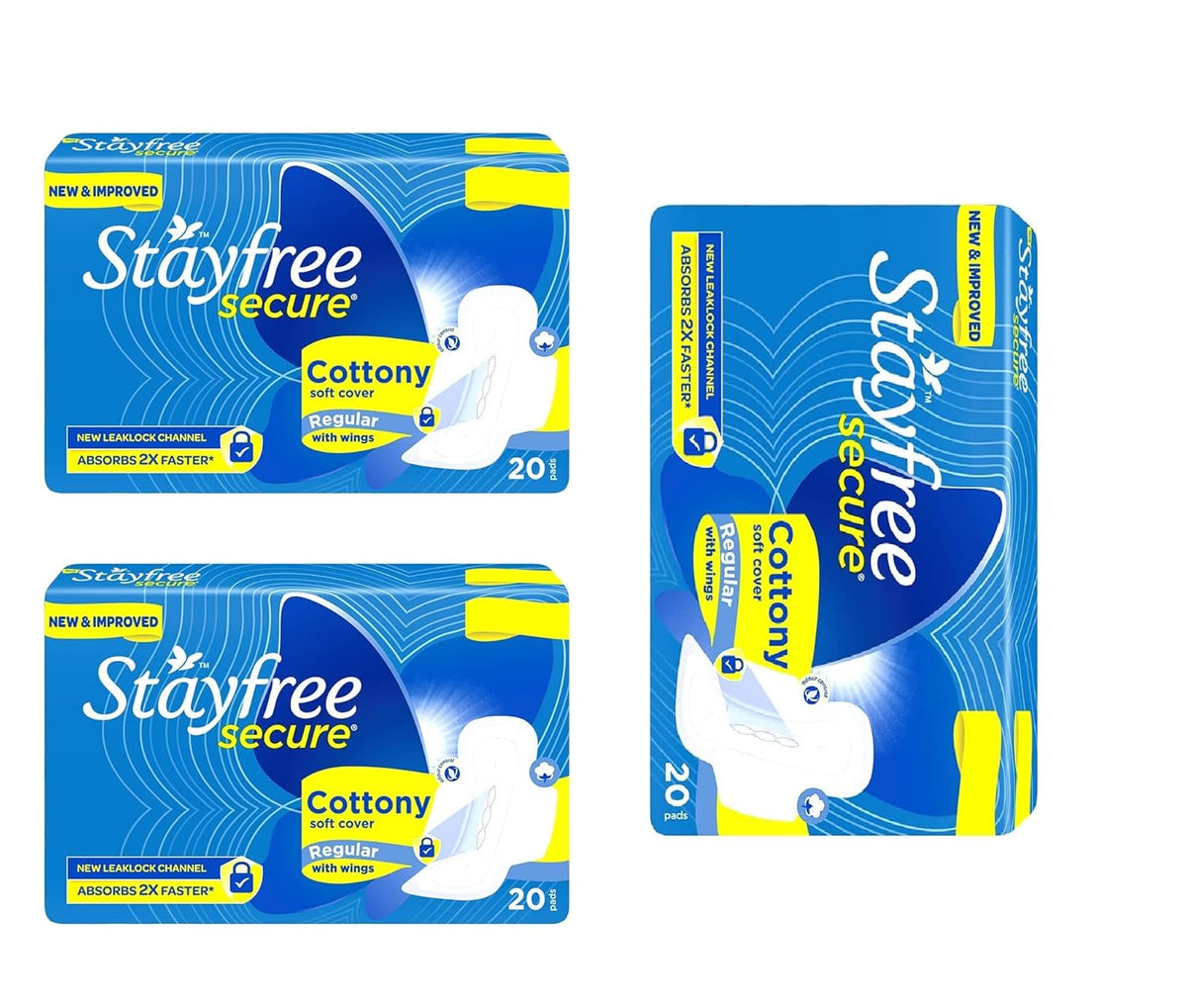 Stayfree Secure Cottony Soft Regular Sanitary Pad With Wings, Pack of 20s x 3 (60 Napkins)