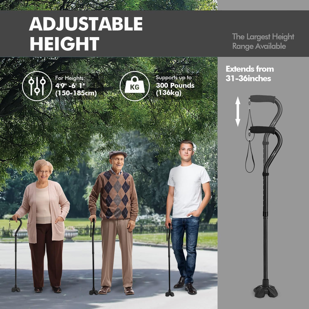Self Standing Walking Cane Quad Base for Seniors | Lightweight aluminum, foldable design, 31–36 in adjustable height, EVA offset handle, self-standing quad base
