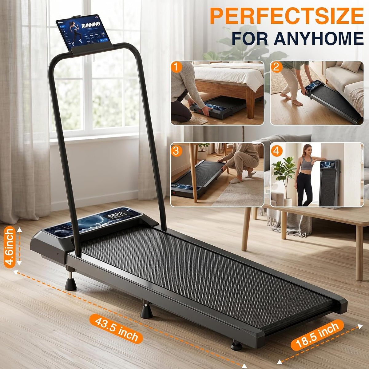 Walking Treadmill Pad with 0–5-8% Incline, 2.5HP | Compact Treadmill，Perfect for Running, Walking & Under-Desk Use，Quiet Operation for Home or Office