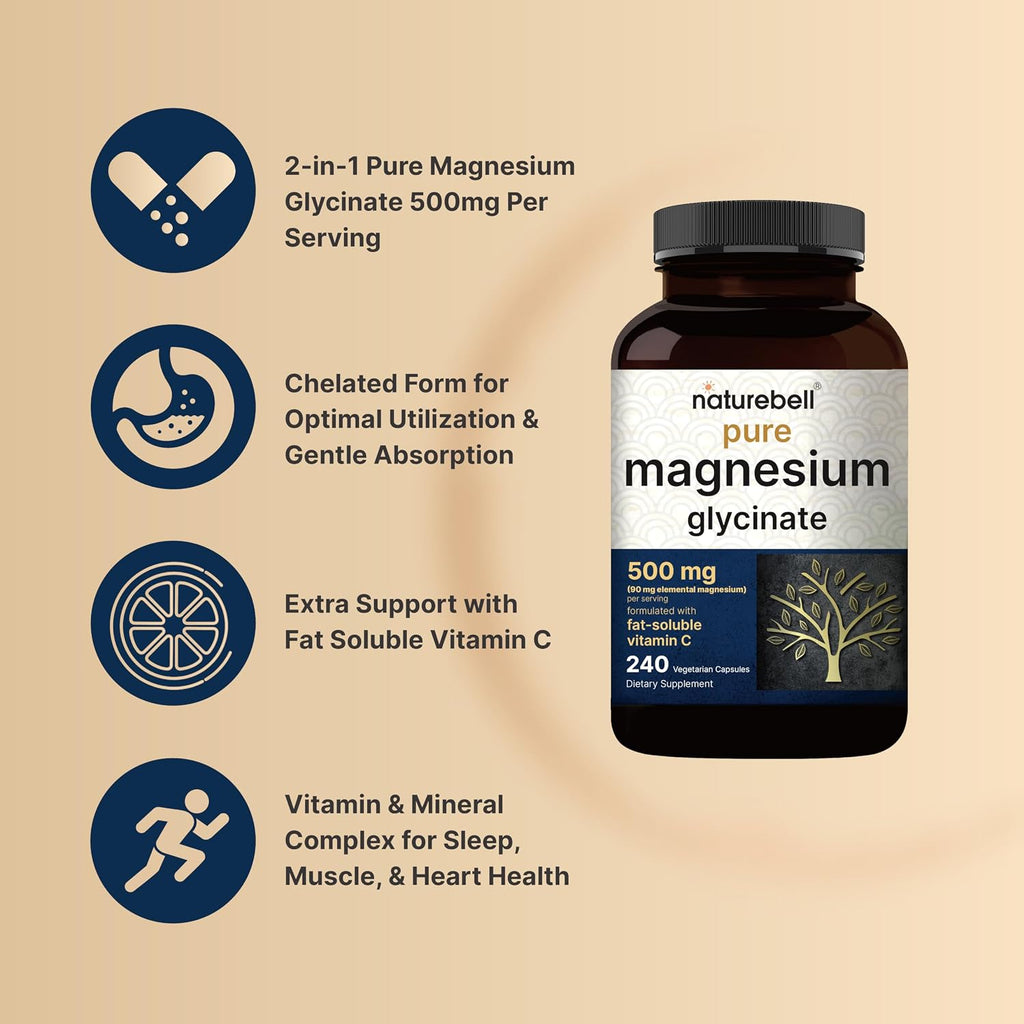 NatureBell Pure Magnesium Glycinate 500mg Per Serving, 240 Veggie Capsules