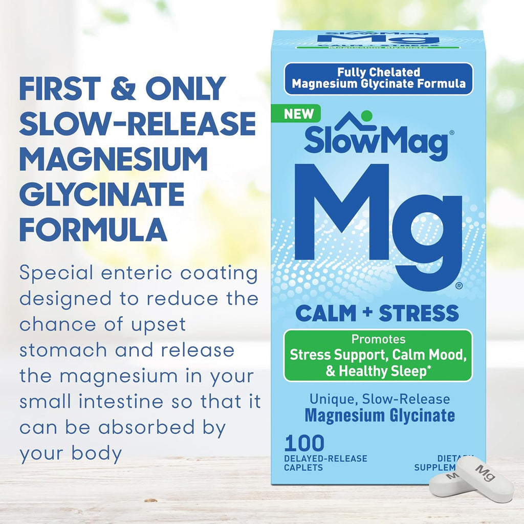 SlowMag Magnesium Glycinate Caplets, 100 Count, Slow-Release, Calm & Stress Support, Healthy Sleep, Gentle on Stomach, Chelated Magnesium Glycinate Supplements for Women & Men