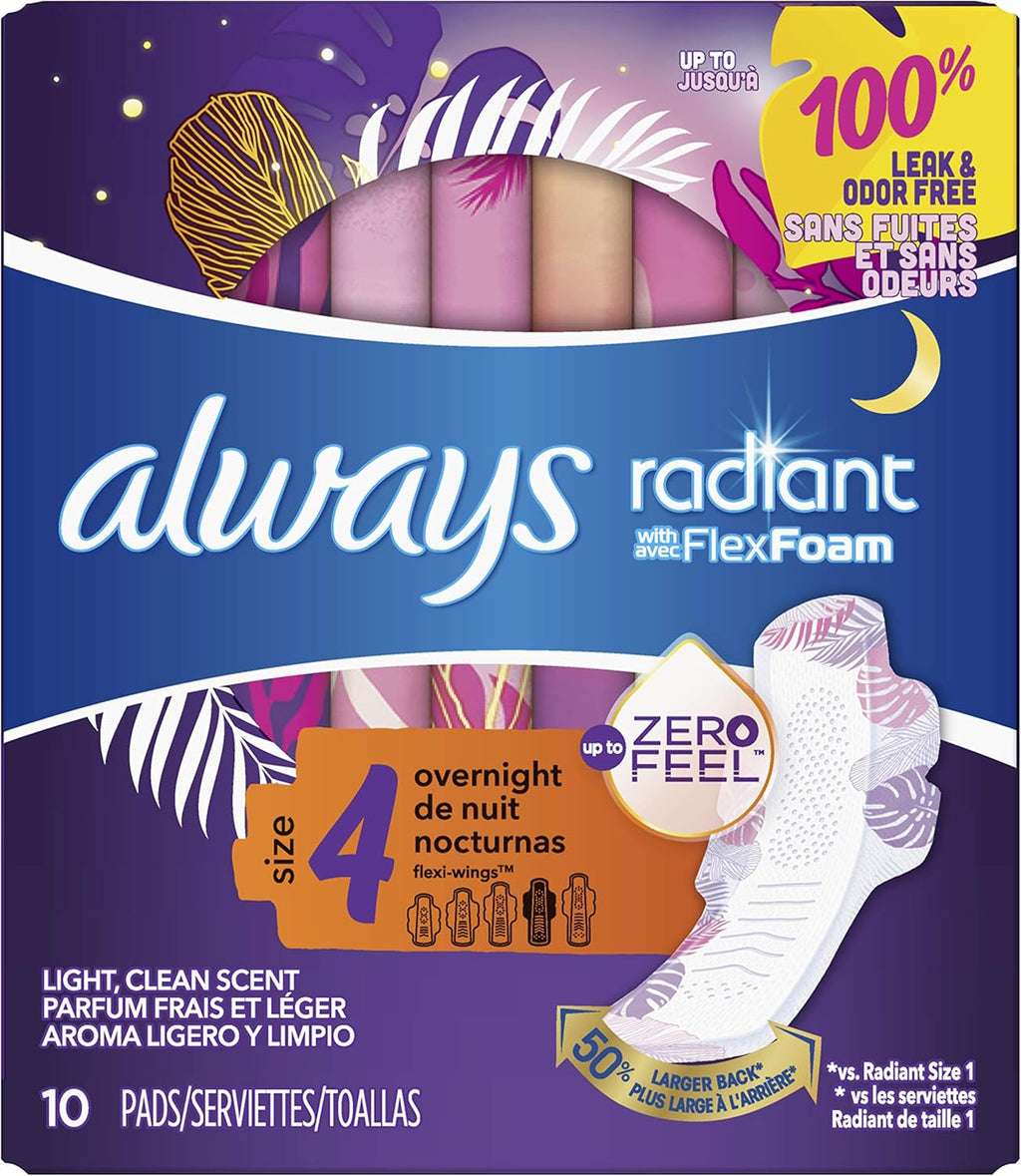 ALWAYS Radiant, Size 4, Overnight Sanitary Pads with Wings, Scented, 10Count, (Pack of 10)