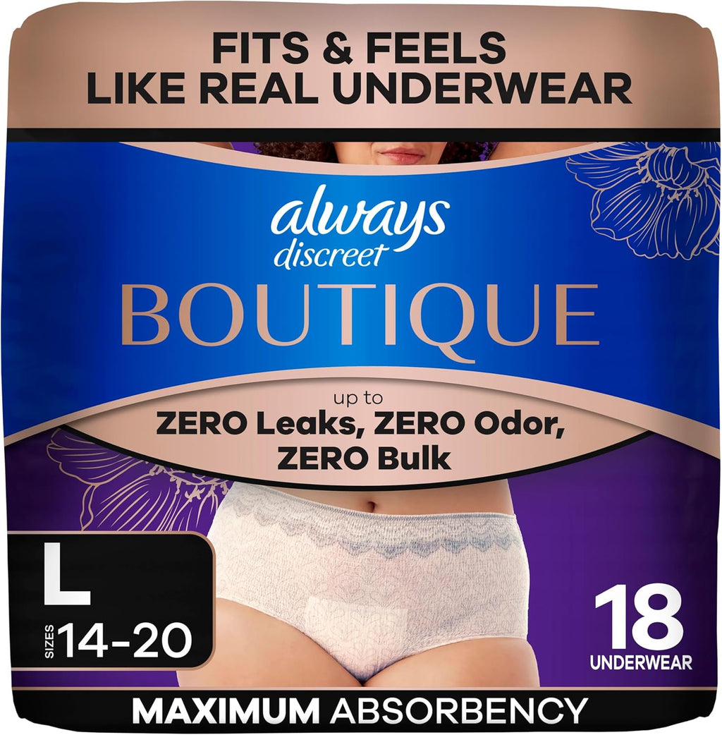 Always Discreet Boutique Incontinence & Postpartum Underwear for Women, Disposable, Maximum Protection, Large, 18 Count