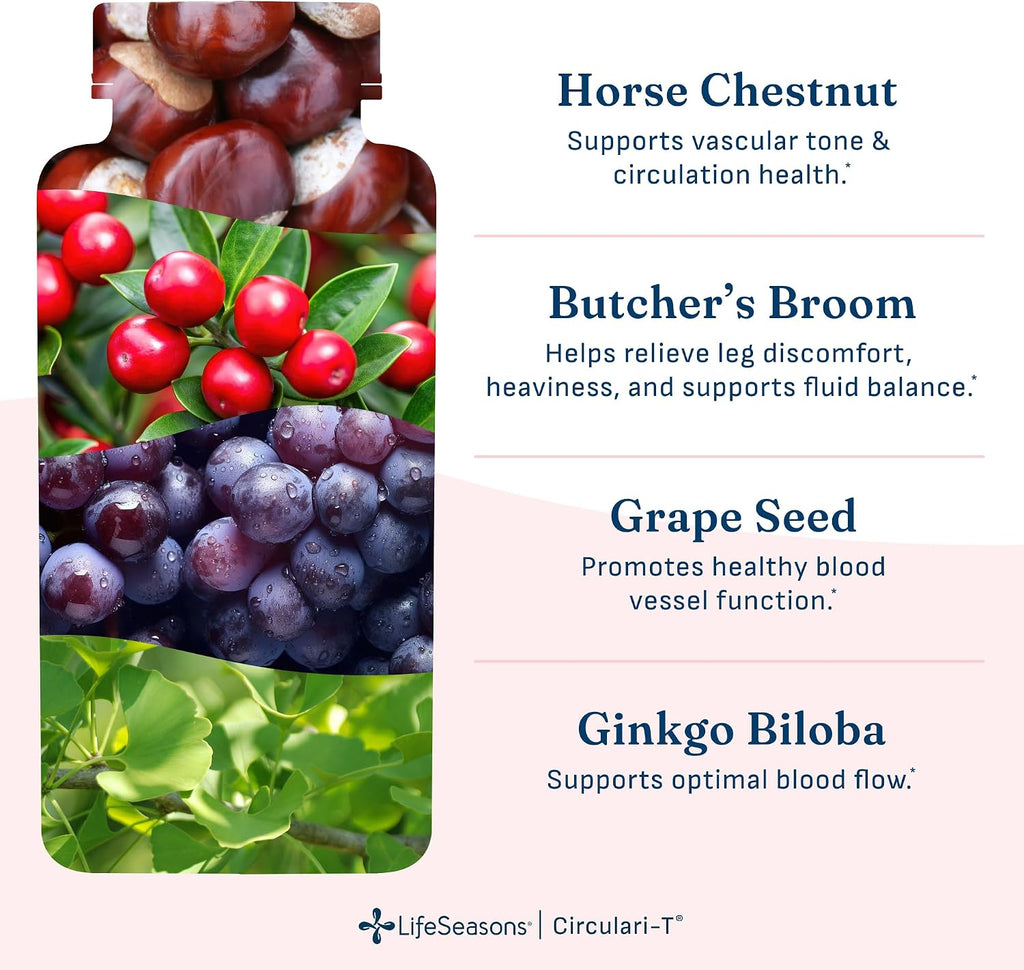 LifeSeasons Circulari-T - Blood Circulation Supplement - Supports Artery, Capillary & Vein Health - Butcher’s Broom, Ginkgo, Cayenne, Grape Seed & Horse Chestnut - 90 Capsules