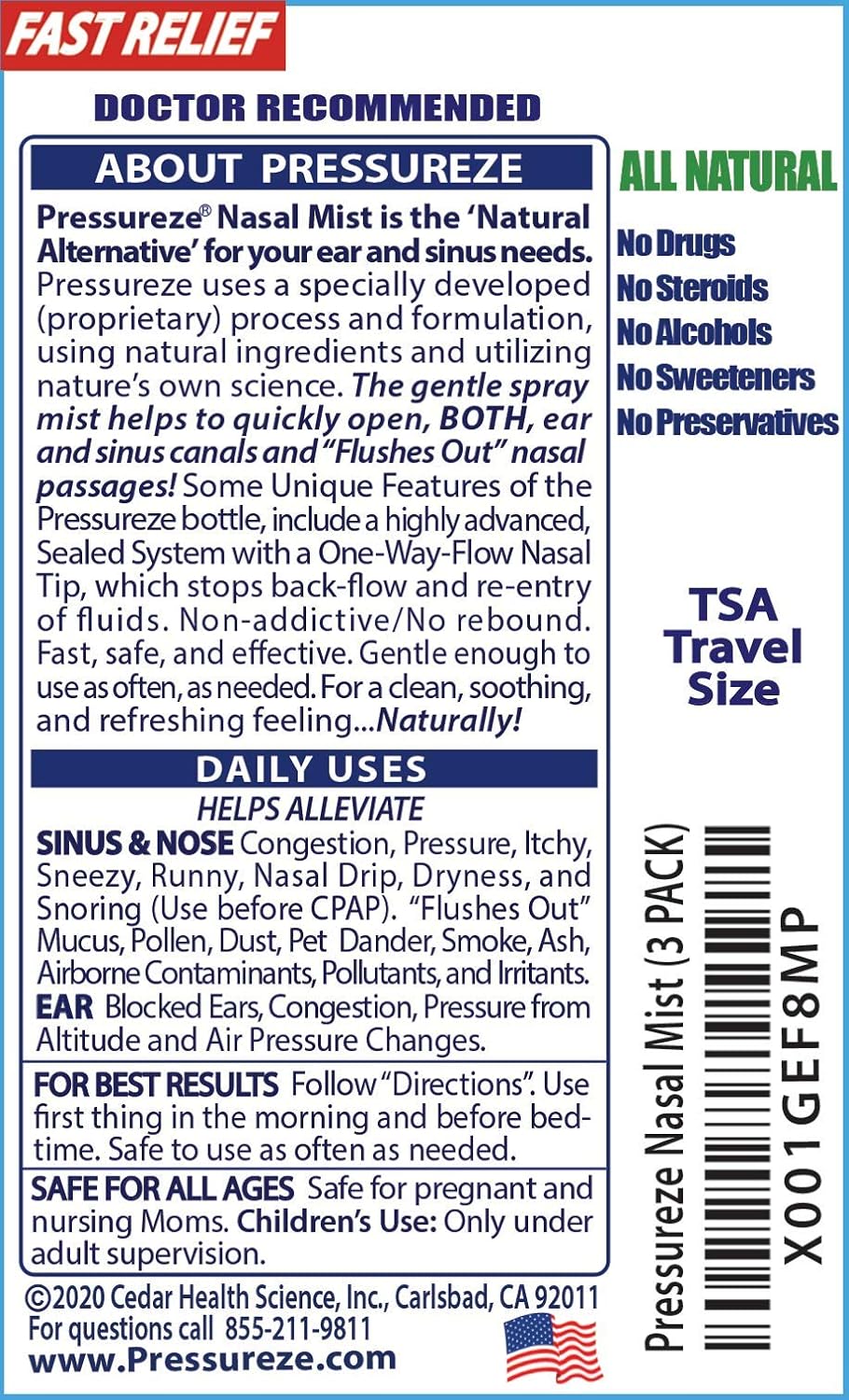 Pressureze All Natural Preservative-Free Sterile Nasal Spray - Fast Relief Nasal Spray - for Sinus Allergies, Loud Snoring & Congestion | 130 Sprays, 18 ml (Pack of 3)