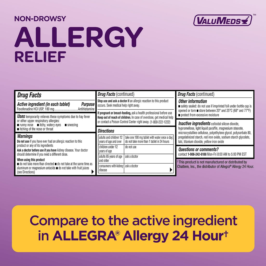 ValuMeds | Compare to Allegra | Fexofenadine HCl 180mg | 24-Hour Allergy Relief, Non-Drowsy Antihistamine Generic Medicine for Allergies, Hay Fever, Itchy Eyes | for Kids & Adults (100 Count)