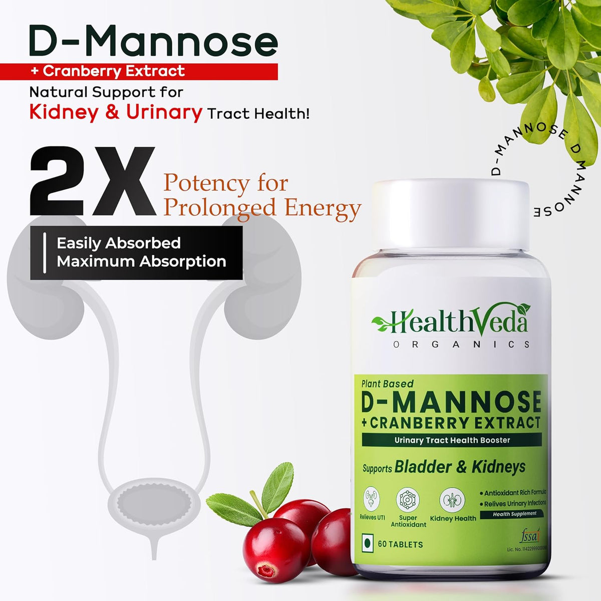 HEALTH VEDA ORGANICS PRIVATE LIMITED D-Mannose 500 mg + Cranberry Extract 200 mg | 60 Veg Tablets I Supports Kidney Health & Urinary Tract Infection