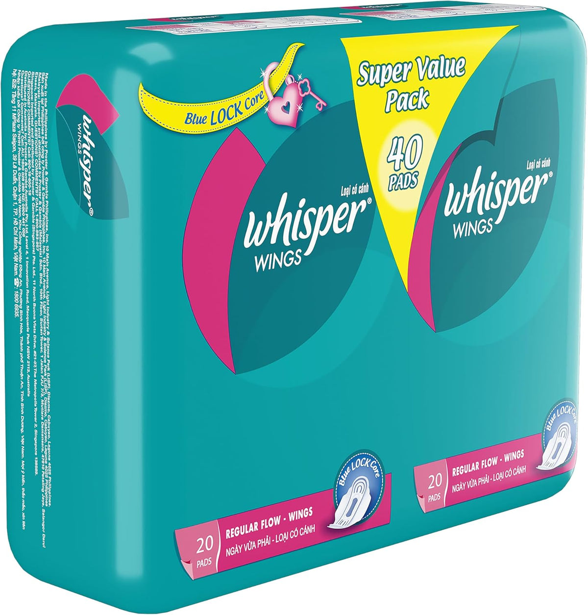 Whisper Wings Regular Flow Pads 40pk Super Value Pack