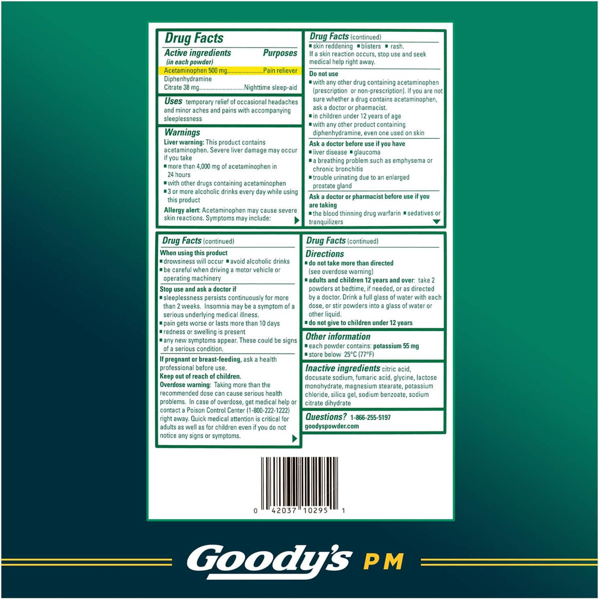 Goody's PM Nighttime Powder, Pain Reliever & Sleep Aid, 16 Count | Fast Pain Relief, Dual Action with Acetaminophen & Diphenhydramine, Headache Relief, Caffeine-Free, Unflavored, Dissolve Pack