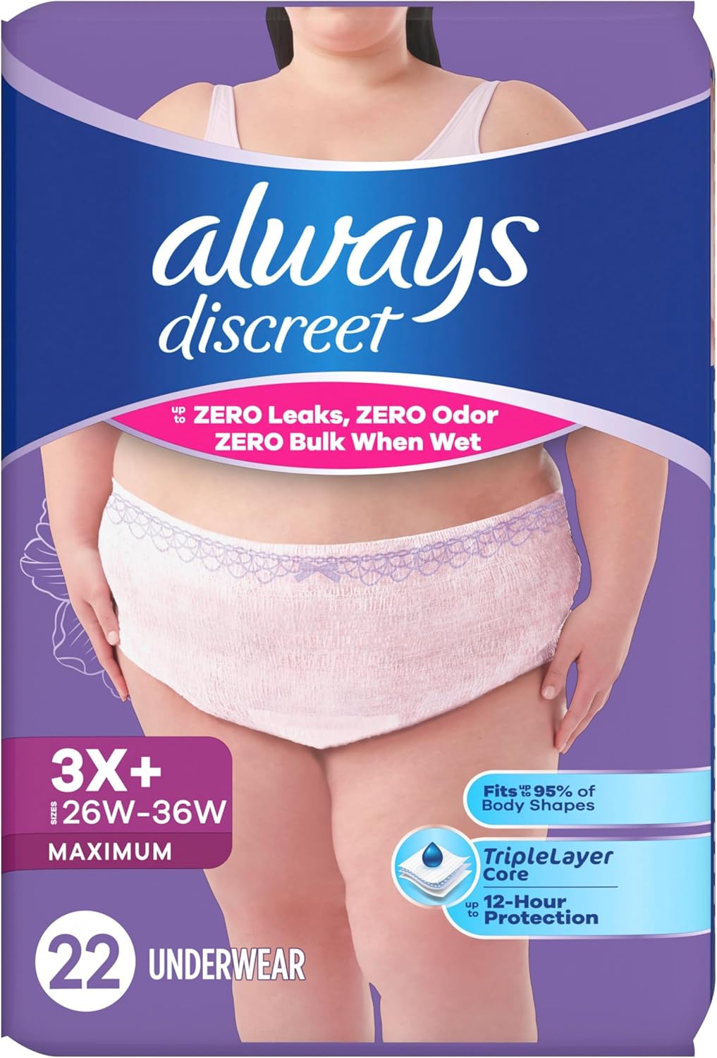 Always Discreet Reimagined Adult Diapers for Women, Maximum Absorbency Incontinence and Postpartum Underwear Size 3X+, Up to 100% Leak Free Bladder Leak Protection, 22 Count​
