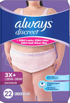 Always Discreet Reimagined Adult Diapers for Women, Maximum Absorbency Incontinence and Postpartum Underwear Size 3X+, Up to 100% Leak Free Bladder Leak Protection, 22 Count​