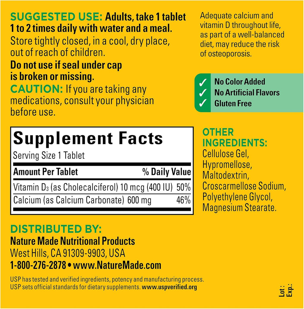 Nature Made Calcium 600 mg with Vitamin D3 for Bone Support, 220 Tablets
