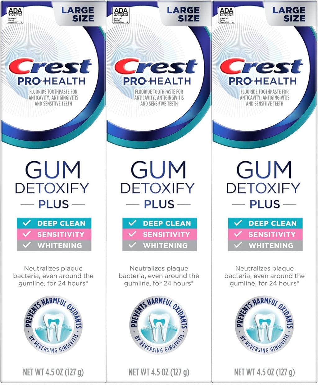 Crest Pro-Health Gum Detoxify Plus Toothpaste 4.5 oz Pack of 3 - Antibacterial Fluoride Toothpaste, Sensitivity Protection, Whitens Teeth, Anticavity, Plaque Control