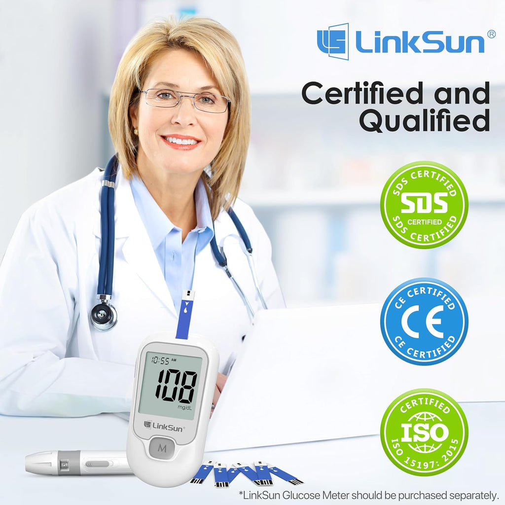 LinkSun Blood Glucose Test Strips*100, for G-425-1/G-425-2V/G-425-3/G-427B | Test Strips for Diabetes 2*50 Strips, ±15% Lab-Grade Accurate, 5-Sec Results & Easy-to-Use for Daily Home Glucose Monitoring