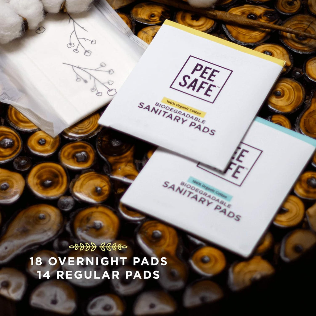 Pee Safe 100% Organic Cotton Biodegradable Sanitary Pads, 14 Regular & 18 Overnight Pads - Quarterly Pack | Anti-Bacterial | Superb Absorbency | Skin Friendly | Comfortable
