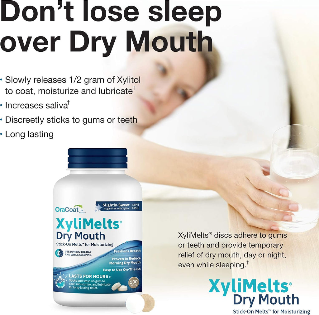 Oracoat XyliMelts for Dry Mouth Night Time or Day - Moisturizing Dry Mouth Adhering Discs, Sugar Free with Xylitol, 100 Count, Slightly Sweet Flavor, 8-Hour Relief