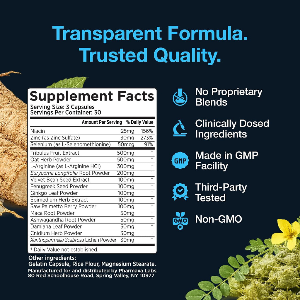 Loaded - Male Supplement – Natural Support with L?Arginine, Tribulus, Fenugreek, Ginkgo & Zinc – Promotes Blood Flow, Energy & Performance – 90 Capsules