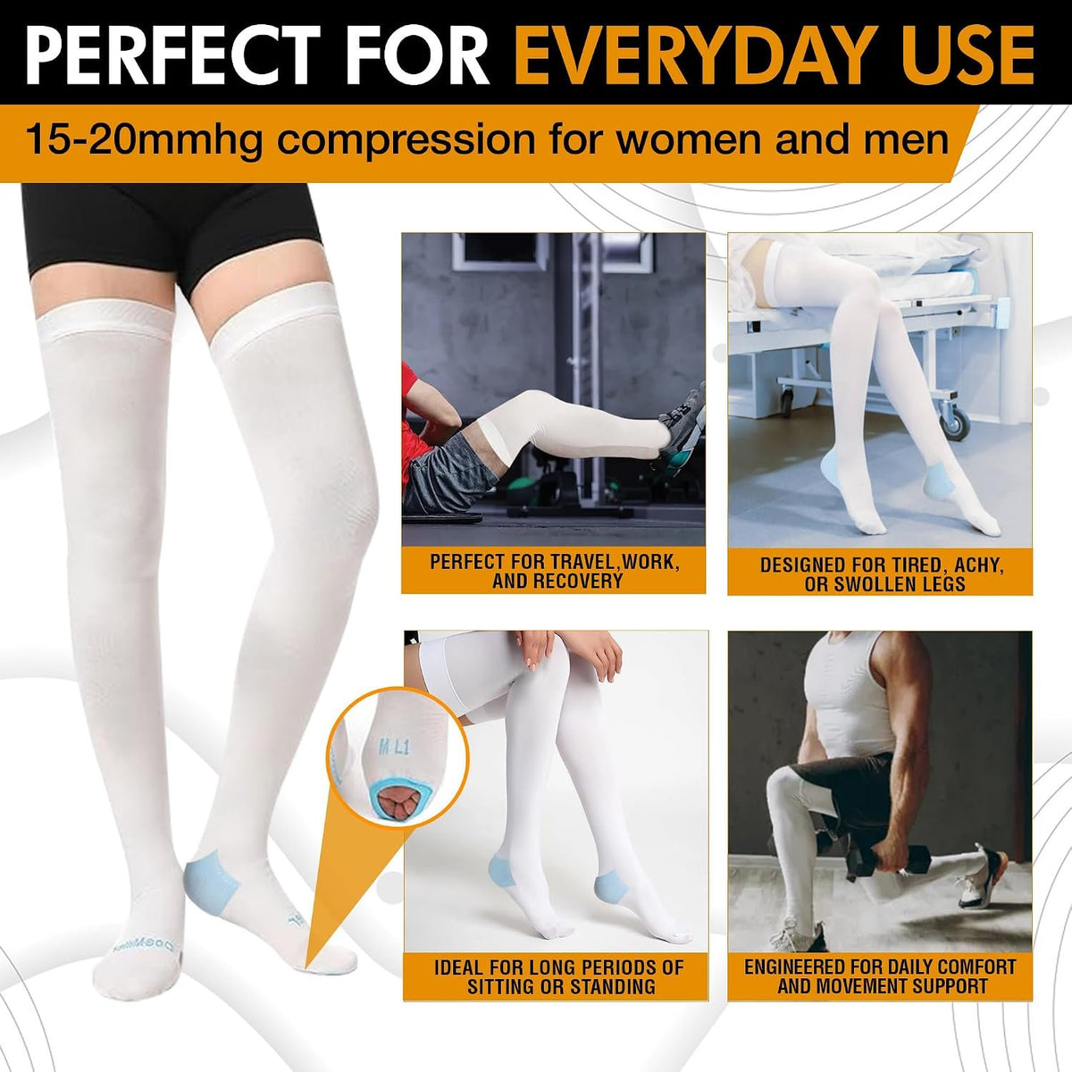 Doc Miller TED Hose Thigh High Anti Embolism Stockings for Women & Men, Hospital Style Surgical Stockings, Plus Size Compression Socks, Support Hose with Inspection Hole
