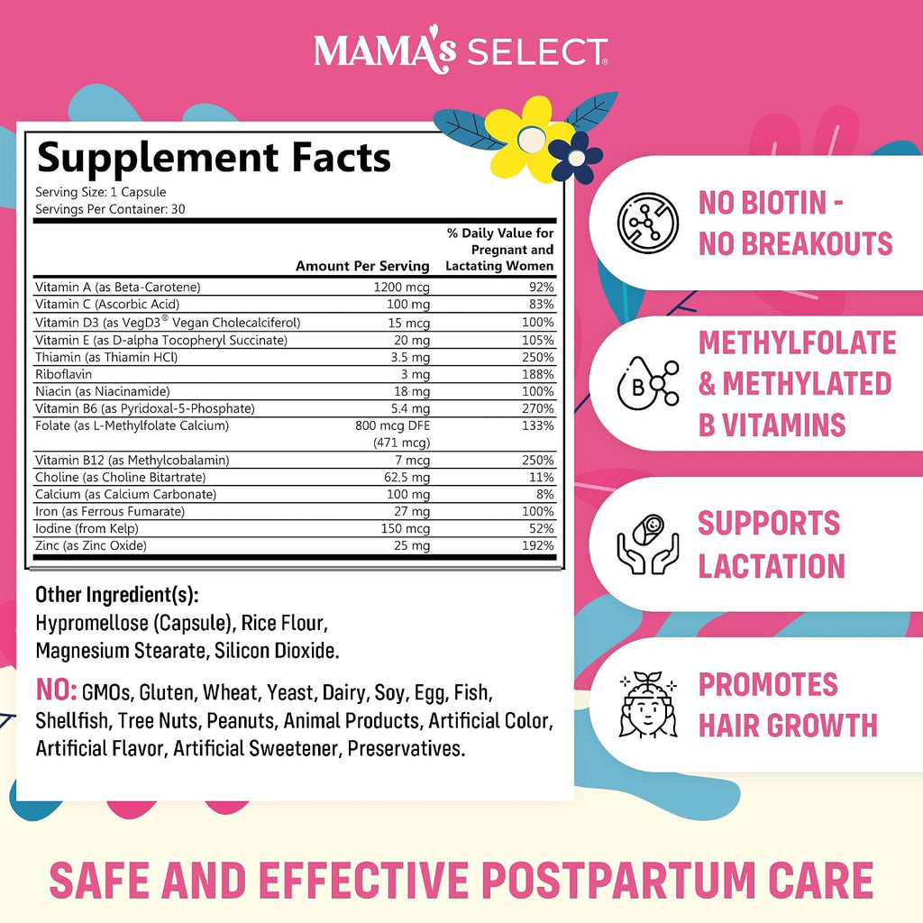 Postnatal Vitamins for Women – Breastfeeding & Postpartum Multivitamin | For nursing moms: supports postpartum recovery, energy, hair regrowth & milk supply, methylated folate, no biotin, vegan