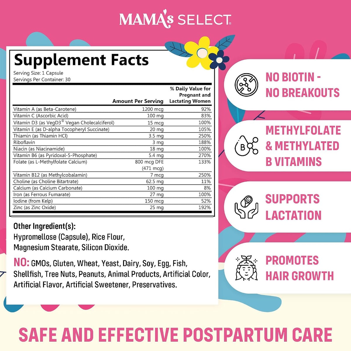Postnatal Vitamins for Women – Breastfeeding & Postpartum Multivitamin | For nursing moms: supports postpartum recovery, energy, hair regrowth & milk supply, methylated folate, no biotin, vegan