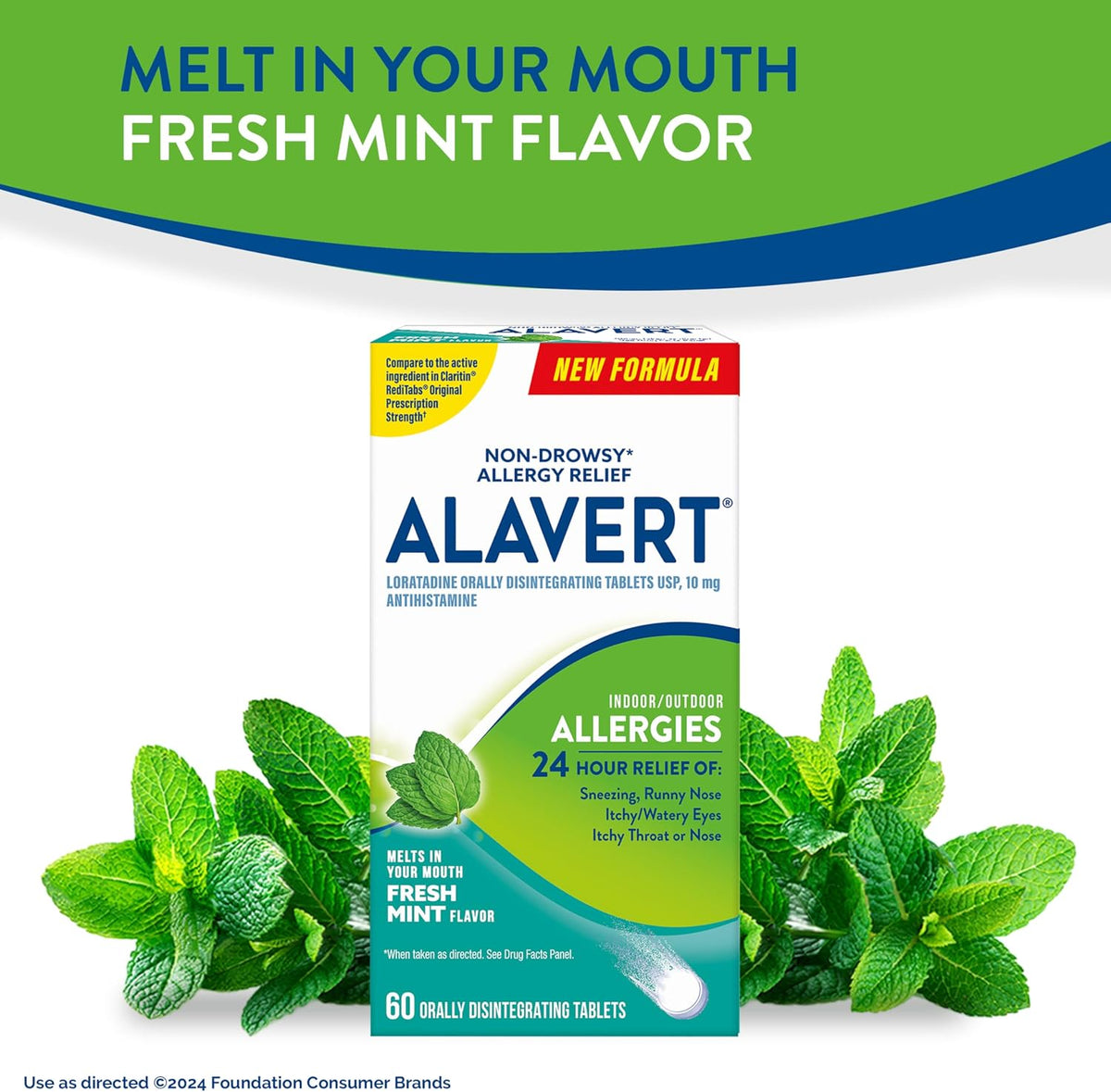 Alavert 24-Hour Allergy Relief, Non-Drowsy, Fresh Mint Flavor, 60 Tablets | Antihistamine providing 24-hour allergy relief, Loratadine 10mg, easy to take, no water needed, orally disintegrating tablets