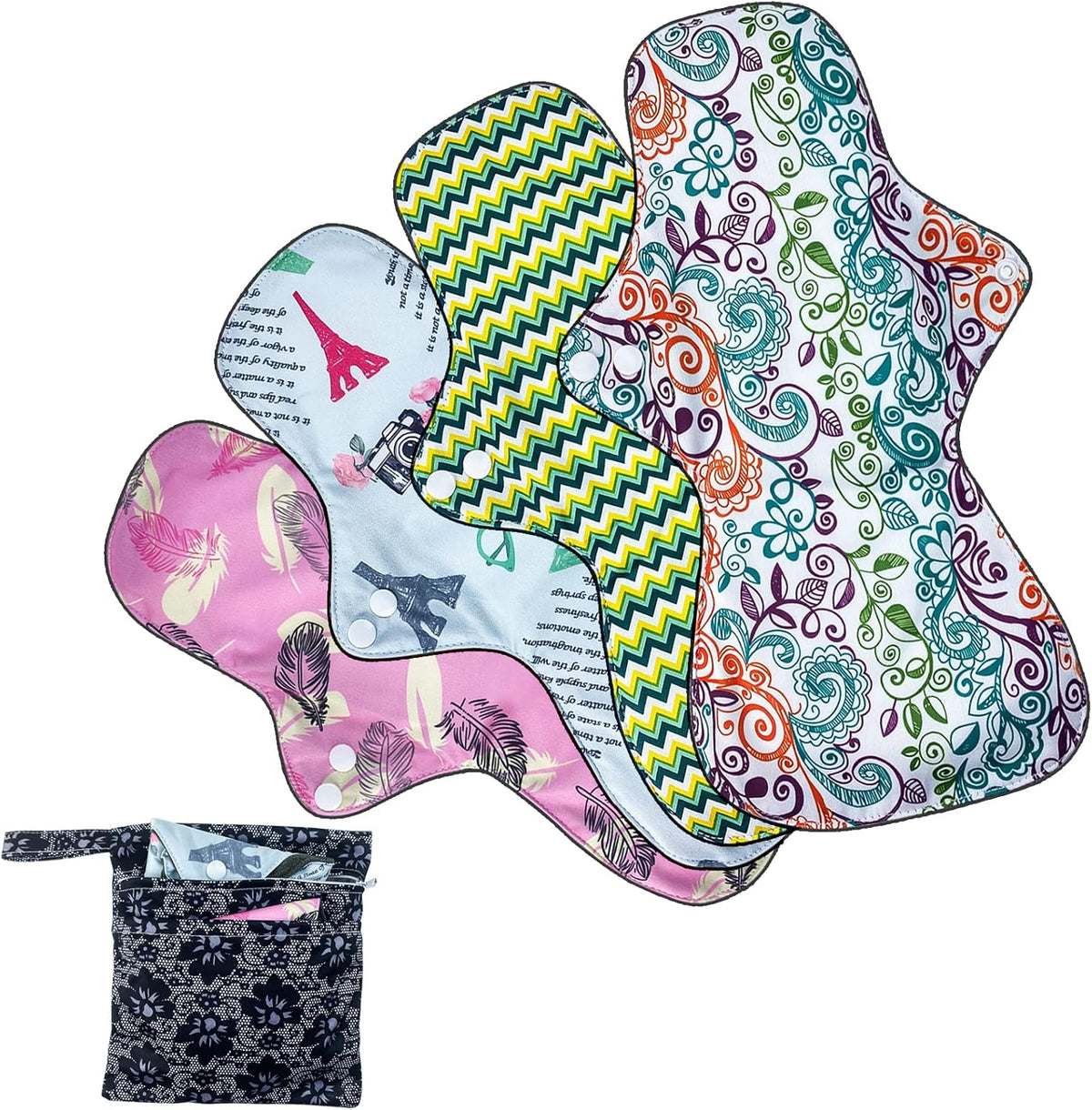 4PCS Overnight Pads 13.5inch Reusable Pads Menstrual Heavy Flow, Washable Cloth Pad with 1 Zipper Bag