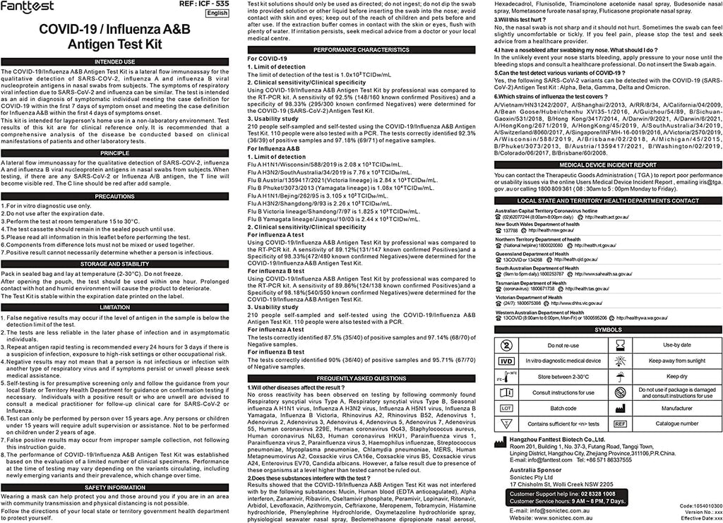 Fanttest 3-in-1 Combo Test 5 PACK, Influenza Flu A/B and COVID-19 Rapid Antigen Test Kit - Nasal Swab