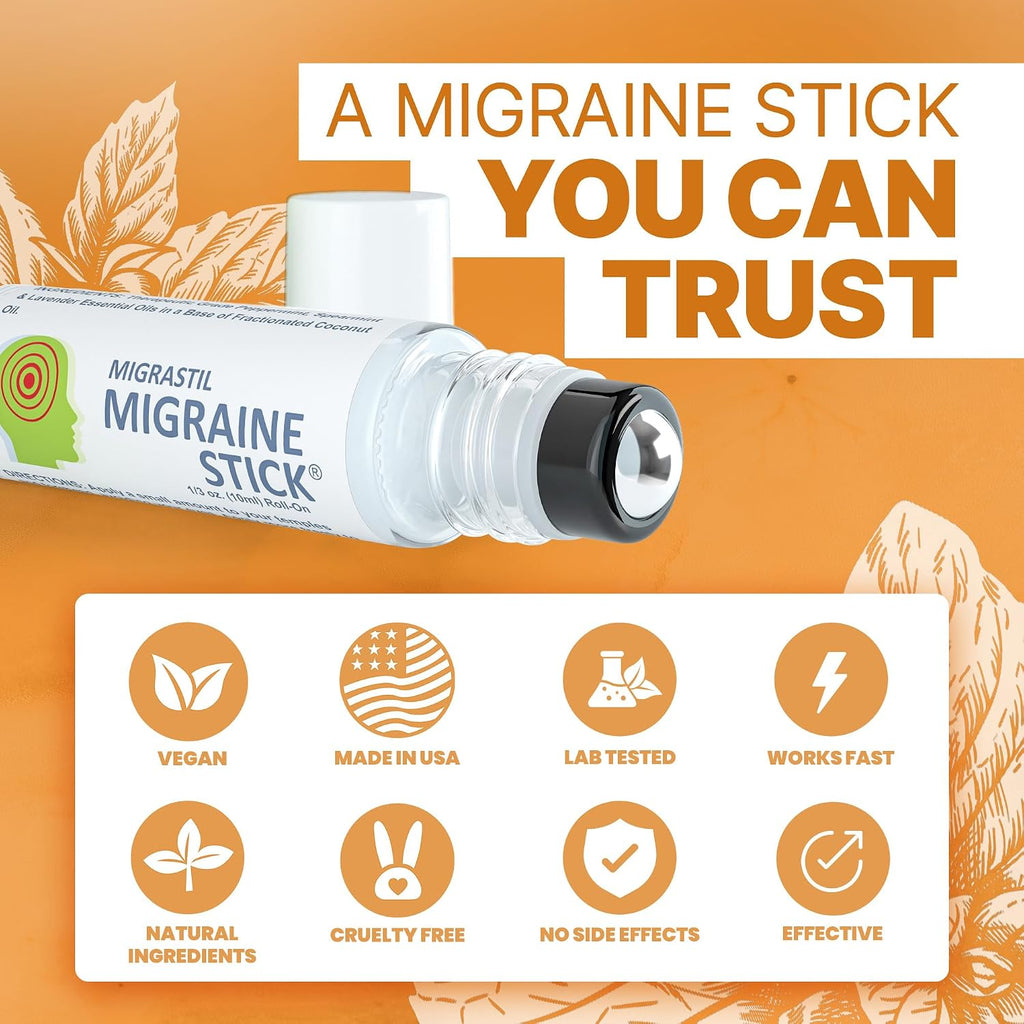 Migrastil Migraine Stick Roll On, Peppermint Oil, Essential Oil Roller USA | With spearmint & lavender, fractionated coconut oil base | Temples, forehead, neck | 10ml glass bottle | TSA-ready, vegan