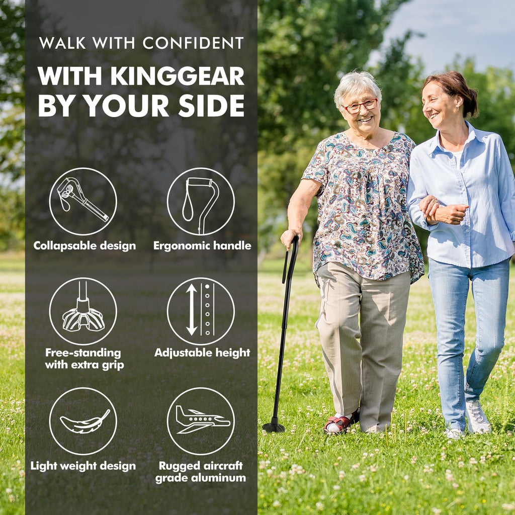 Self Standing Walking Cane Quad Base for Seniors | Lightweight aluminum, foldable design, 31–36 in adjustable height, EVA offset handle, self-standing quad base